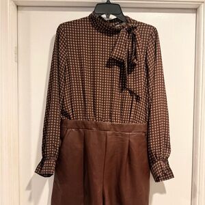 Express Faux Leather Tie Neck Long Sleeve Romper | Brown I Size M I NWT